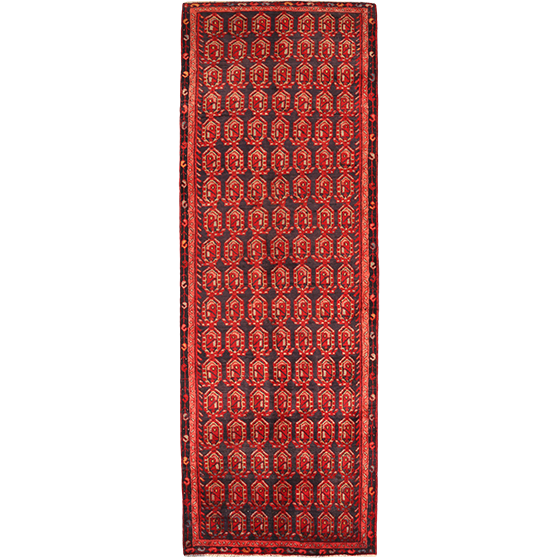 Hamadan Persian Rug 10x3 ft - Semi Antique Afshan Red, Blue Hand Knotted | front view | SKU 111103