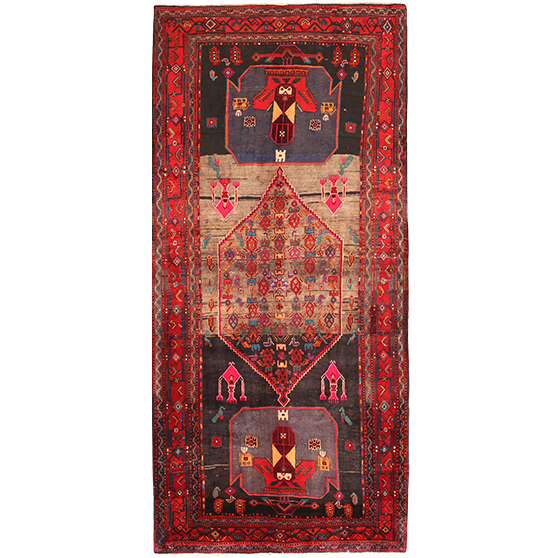 Bijar Persian Rug 10x4 ft - Semi Antique Medallion Crimson, Navy Blue Hand Knotted | front view | SKU 111104