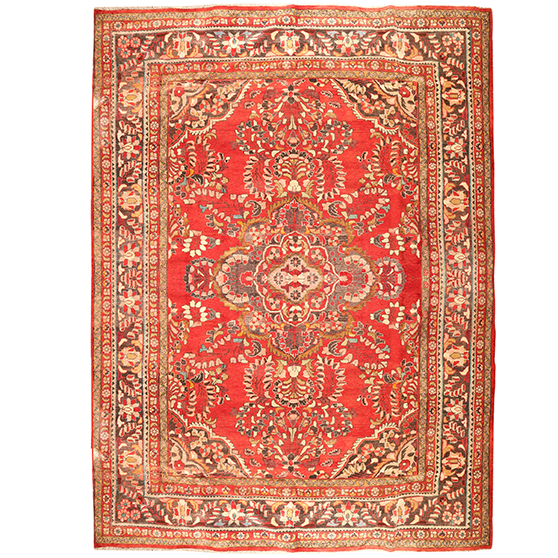 Lilihan Persian Rug 13x9 ft - Semi Antique Geometric Red, Navy Blue Hand Knotted | front view | SKU 111106