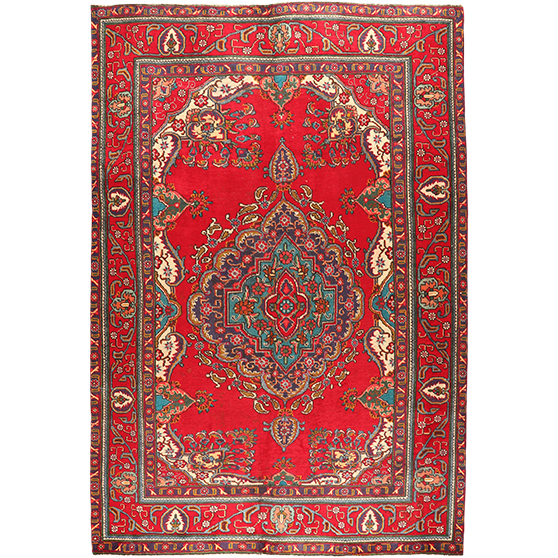 Tabriz Persian Rug 9x6 ft - Semi Antique Shah Abbasi, Medallion (Toranj) Madder Red, Cream, Navy Blue Hand Knotted | front view | SKU 111107
