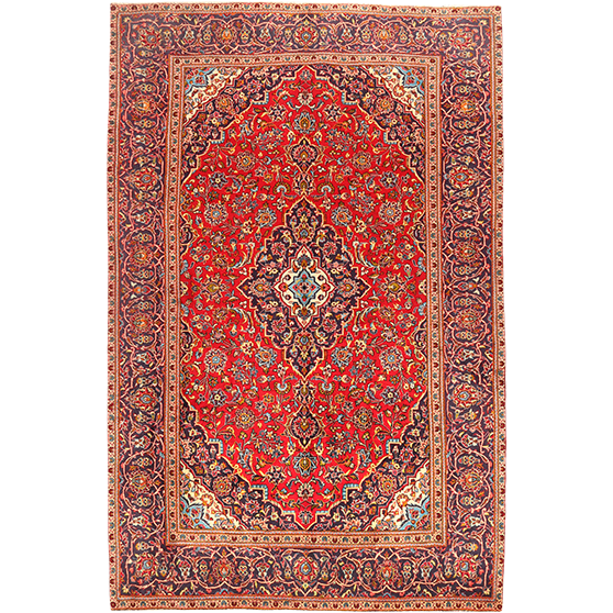 Ardekan Persian Rug 10x6 ft - Semi Antique Shah Abbasi, Medallion (Toranj) Madder Red, Cream, Navy Blue Hand Knotted | front view | SKU 111110