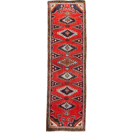 Golpayegan Persian Rug 11x3 ft - Semi Antique Medallion Red, Blue Hand Knotted | front view | SKU 111113