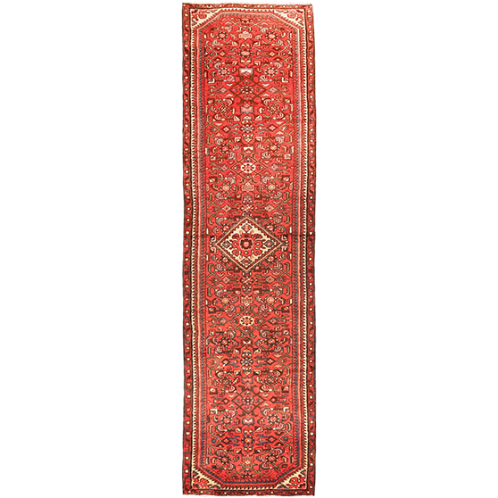 Hamadan Persian Rug 9x1 ft - Semi Antique Medallion (Toranj), Herati (Mahi) Madder Red, Cream, Navy Blue Hand Knotted | front view | SKU 111115