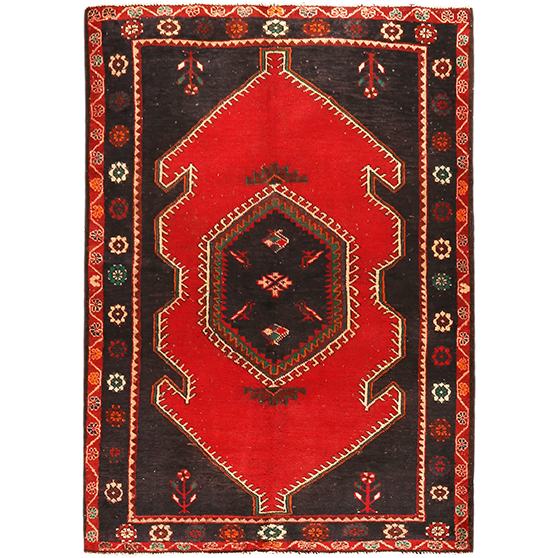 Kelardasht Persian Rug 6x4 ft - Semi Antique Medallion Red, Black Hand Knotted | front view | SKU 111120