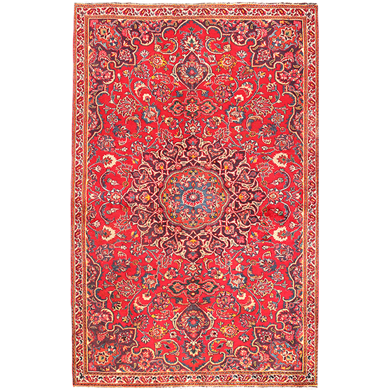 Mashad Persian Rug 7'10" x 4'9" - Semi Antique Medallion Crimson, Ultramarine Hand Knotted | front view | SKU 111122