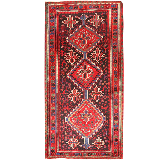 Garmsar Persian Rug 9'11" x 4'11" - Semi Antique Geometric Red, Blue Hand Knotted | front view | SKU 111123