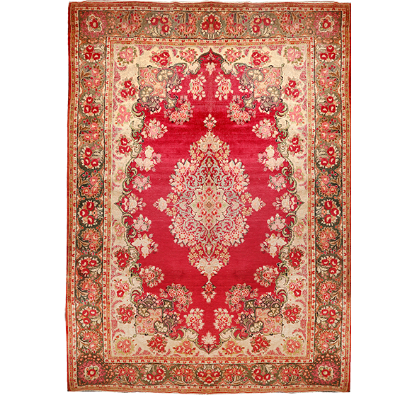 Farahan Persian Rug 14x10 ft - Antique Shah Abbasi, Medallion (Toranj) Madder Red, Cream, Beige Hand Knotted | front view | SKU 111125