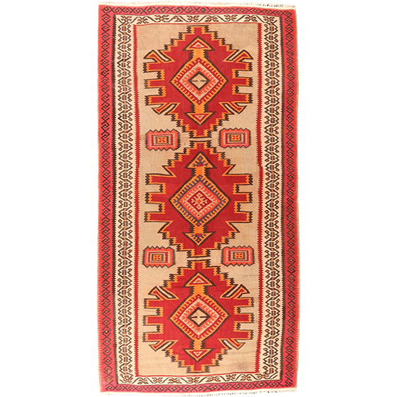 Shiraz Persian Rug 10'1" x 4'11" - Semi Antique Geometric Blue, Red Hand Knotted | front view | SKU 111127