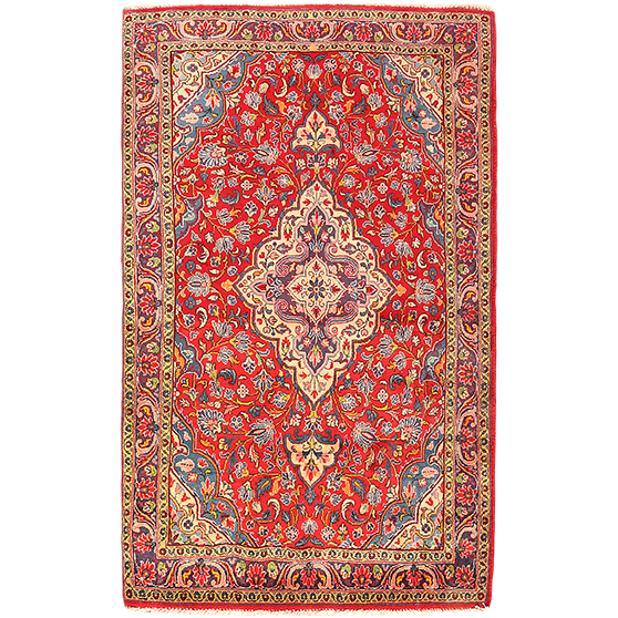 Malayer Persian Rug 5x3 ft - Semi Antique Medallion Red, Blue Hand Knotted | front view | SKU 111128