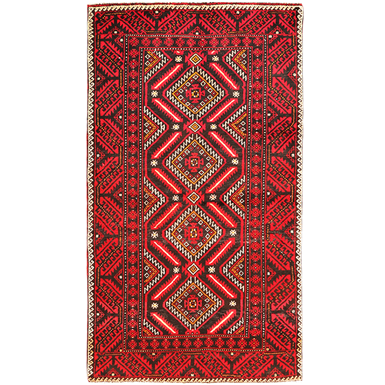 Baluch Persian Rug 6'9" x 3'7" - Semi Antique Mihrab Red, Blue Hand Knotted | front view | SKU 111129