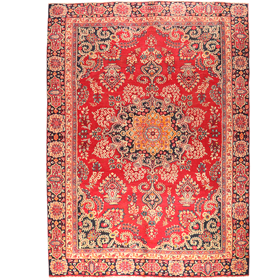 Mood Persian Rug 9'0" x 6'4" - Semi Antique Medallion Navy Blue, Red Hand Knotted | front view | SKU 111133