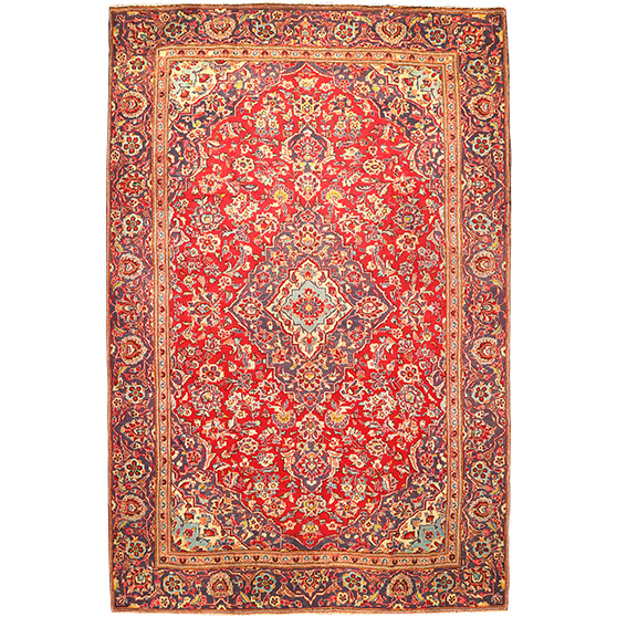 Ardekan Persian Rug 9x6 ft - Semi Antique Medallion (Toranj), Shah Abbasi Red, Cream, Navy Blue Hand Knotted | front view | SKU 111134