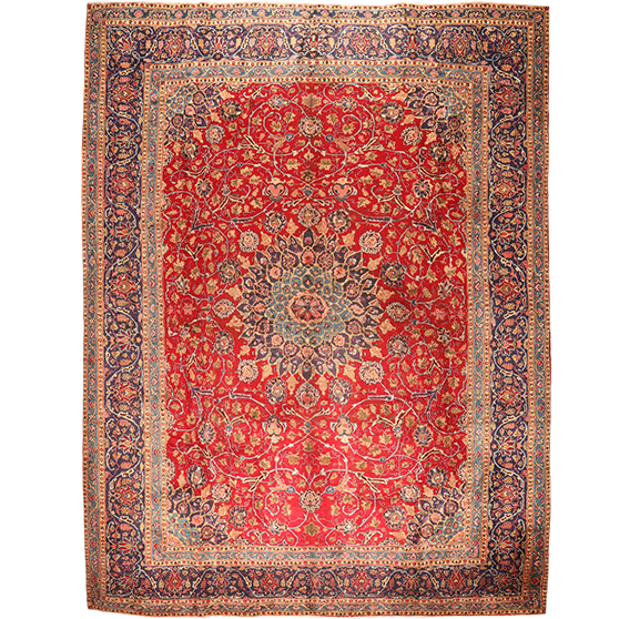 Mashad Persian Rug 12'8" x 9'5" - Semi Antique Medallion Crimson, Ultramarine Hand Knotted | front view | SKU 111138