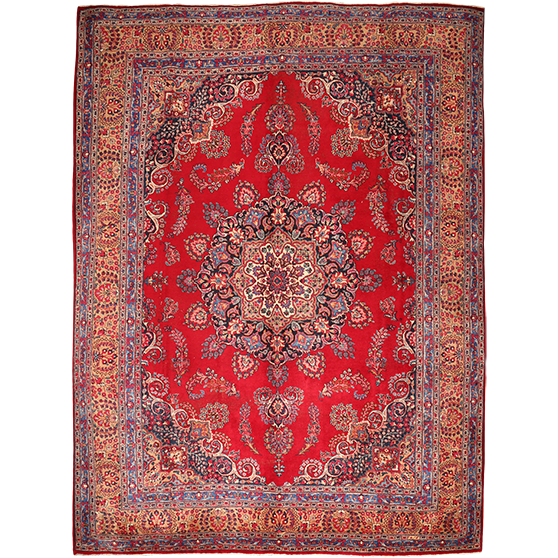 Sabzevar Persian Rug 13'1" x 9'10" - Semi Antique Medallion Crimson, Beige Hand Knotted | front view | SKU 111139