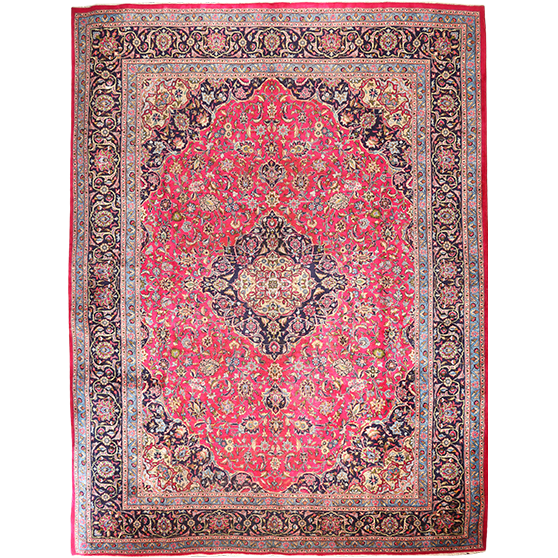 Kashmar Persian Rug 13'5" x 9'10" - Semi Antique Afshan Crimson, Ivory Hand Knotted | front view | SKU 111140