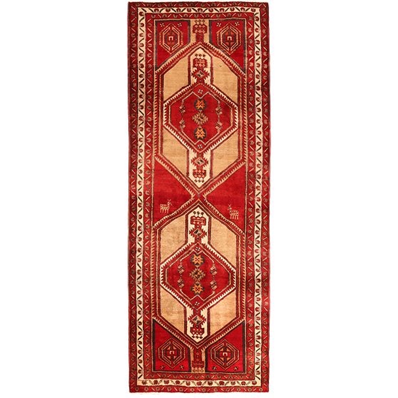 Sarab Persian Rug 10x3 ft - Semi Antique Medallion Camel, Blue Hand Knotted | front view | SKU 111141