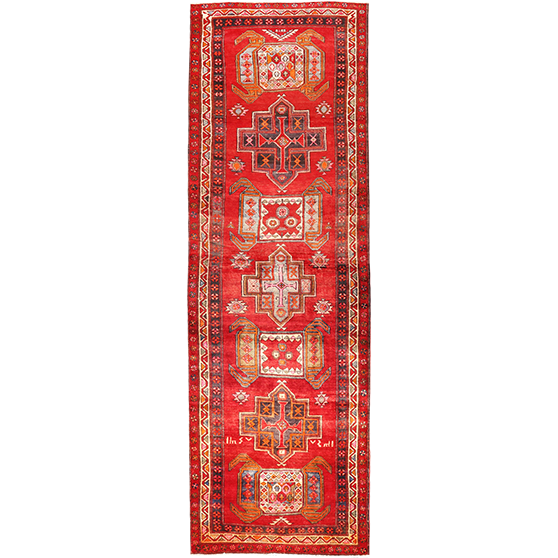 Meshkin Persian Rug 13x4 ft - Semi Antique Geometric, Medallion (Toranj) Madder Red, Cream, Navy Blue Hand Knotted | front view | SKU 111142