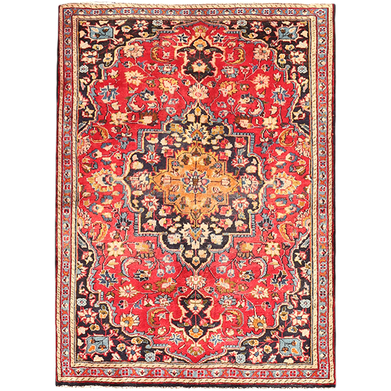 Mashad Persian Rug 5x3 ft - Semi Antique Medallion Crimson, Ultramarine Hand Knotted | front view | SKU 111143