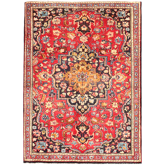 Mashhad Persian Rug 5x3 ft - Semi Antique Shah Abbasi, Medallion (Toranj) Crimson, Navy Blue, Cream Hand Knotted | front view | SKU 111143