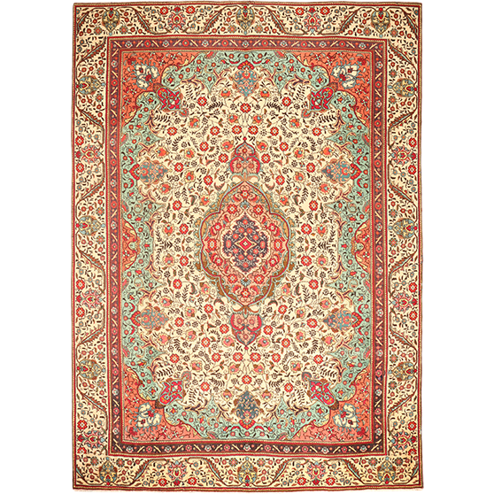 Tabriz Persian Rug 12x9 ft - Semi Antique Medallion (Toranj), Shah Abbasi Cream, Madder Red, Sage Green Hand Knotted | front view | SKU 111144