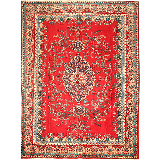Tabriz Persian Rug 13x10 ft - Semi Antique Shah Abbasi, Medallion (Toranj) Red, Cream, Navy Blue Hand Knotted | front view | SKU 111146