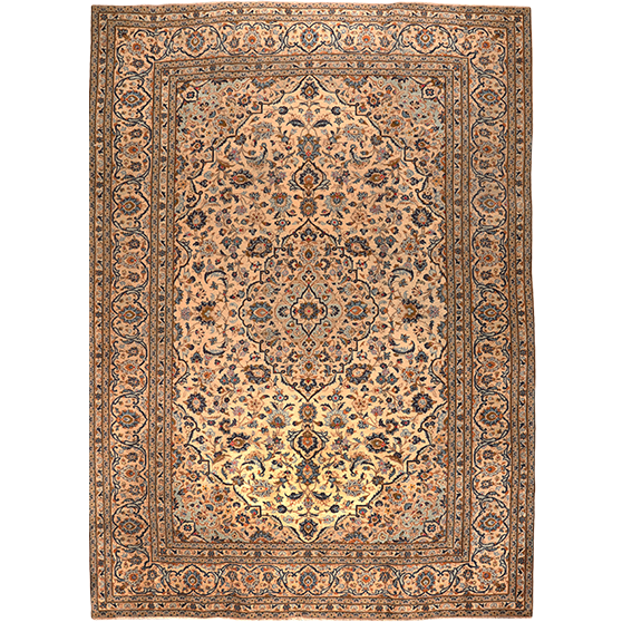 Kashan Persian Rug 11'4" x 7'10" - Semi Antique Medallion Crimson, Navy Blue Hand Knotted | front view | SKU 111147
