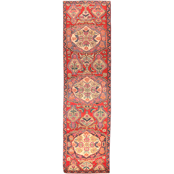 Hamadan Persian Rug 12x2 ft - Semi Antique Medallion (Toranj), Afshan (All-Over) Red, Cream, Navy Blue Hand Knotted | front view | SKU 111148