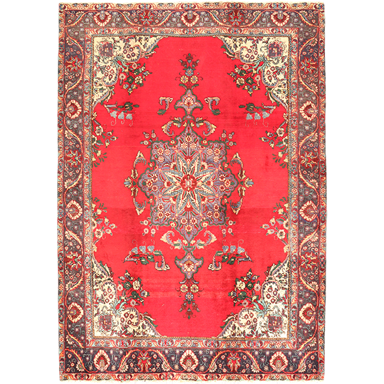 Tabriz Persian Rug 8'10" x 6'3" - Semi Antique Medallion Red, Cream Hand Knotted | front view | SKU 111150
