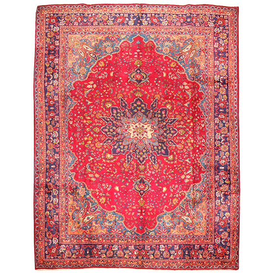 Sabzevar Persian Rug 12x9 ft - Semi Antique Medallion Crimson, Beige Hand Knotted | front view | SKU 111151