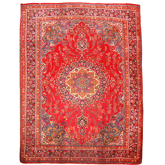 Sabzevar Persian Rug 12'12" x 9'10" - Semi Antique Medallion Crimson, Beige Hand Knotted | front view | SKU 111152