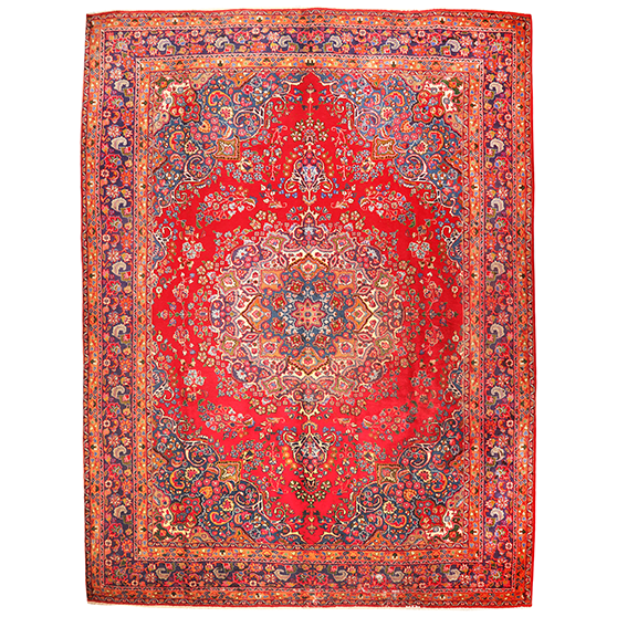 Sabzevar Persian Rug 13x9 ft - Semi Antique Medallion Crimson, Beige Hand Knotted | front view | SKU 111153
