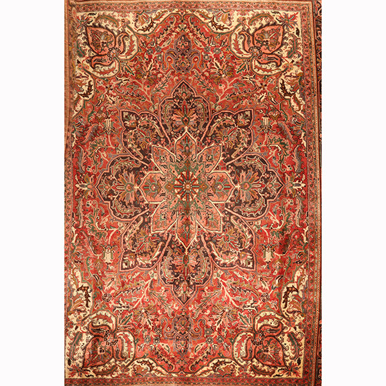 Heriz Persian Rug 13'7" x 10'0" - Semi Antique Medallion Red, Brown Hand Knotted | front view | SKU 111154