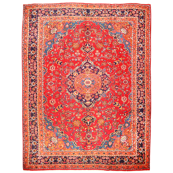 Sabzevar Persian Rug 12x9 ft - Semi Antique Medallion Crimson, Beige Hand Knotted | front view | SKU 111158