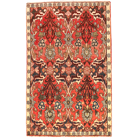 Isfahan Persian Rug 4'1" x 2'6" - Semi Antique Medallion Crimson, Cream Hand Knotted | front view | SKU 111160
