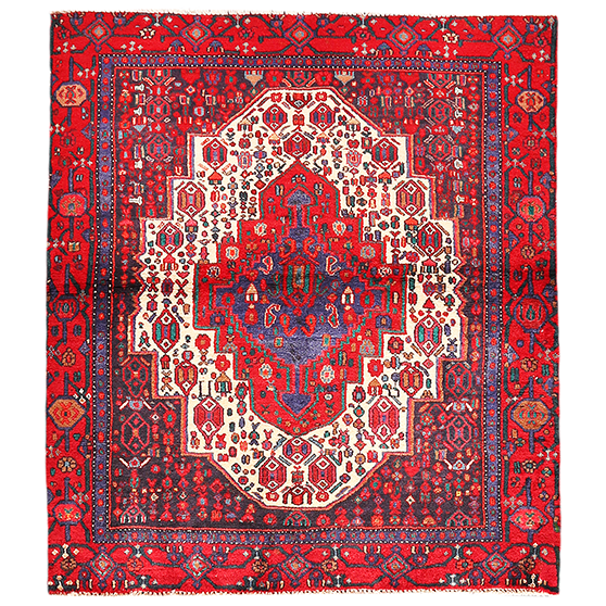Senneh Persian Rug 4'5" x 3'11" - Semi Antique Medallion Crimson, Navy Blue Hand Knotted | front view | SKU 111161