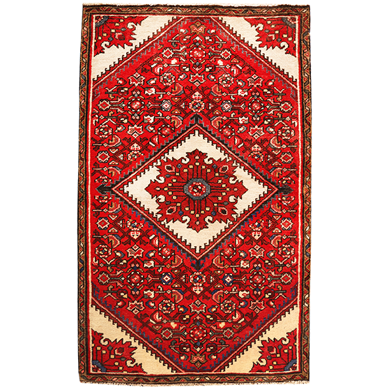 Hamadan Persian Rug 4'2" x 2'7" - Semi Antique Afshan Red, Blue Hand Knotted | front view | SKU 111163