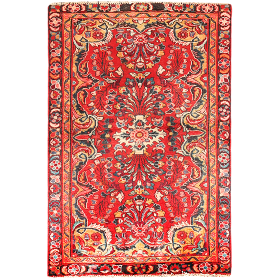 Lilihan Persian Rug 4'9" x 3'3" - Semi Antique Geometric Red, Navy Blue Hand Knotted | front view | SKU 111164