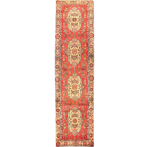 Sarab Persian Rug 13'11" x 3'3" - Semi Antique Medallion Camel, Blue Hand Knotted | front view | SKU 111168