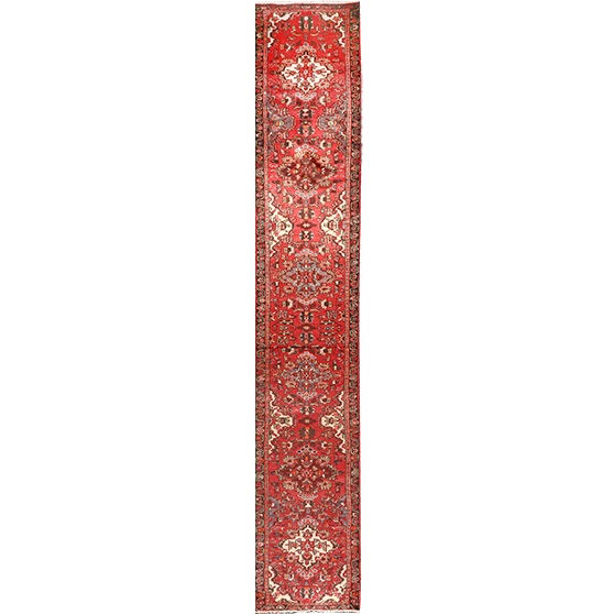Hamadan Persian Rug 15x2 ft - Semi Antique Medallion (Toranj), Herati (Mahi) Madder Red, Cream, Navy Blue Hand Knotted | front view | SKU 111169