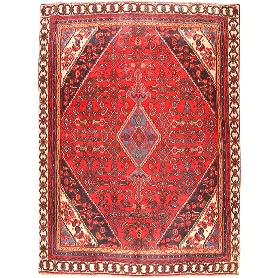 Hamadan Persian Rug 8x6 ft - Semi Antique Medallion Toranj, Herati Mahi Madder Red, Navy Blue, Cream Hand Knotted | front view | SKU 111171