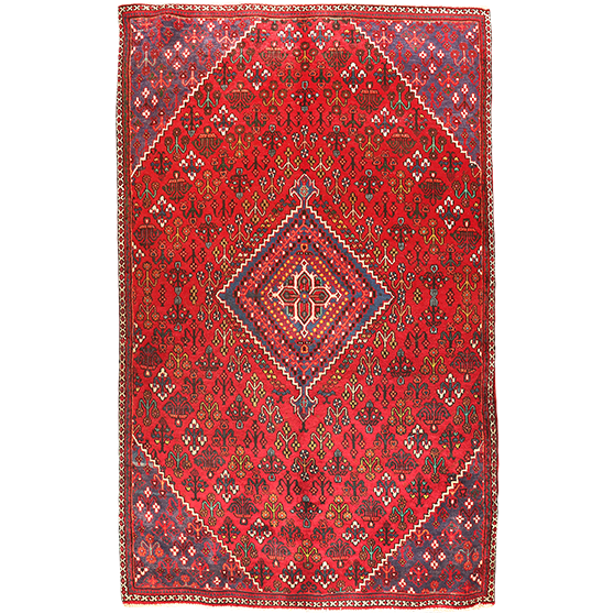 Joshaqan Persian Rug 9x5 ft - Semi Antique Medallion Diamond Lattice Madder Red, Navy Blue, White Hand Knotted | front view | SKU 111172