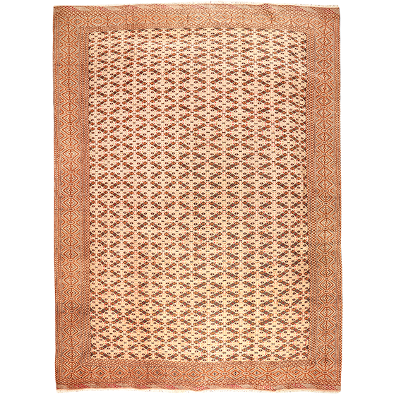 Turkmen Persian Rug 10x8 ft - Semi Antique Vaghireh Banded Geometric Cream Rust Red Camel Hand Knotted | front view | SKU 111174