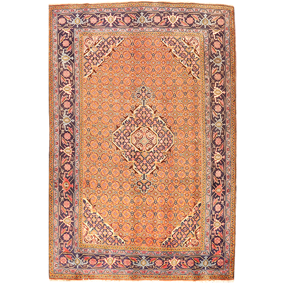 Ardabil Persian Rug 9x6 ft - Semi Antique Medallion Terracotta, Cream, Navy Blue Hand Knotted | front view | SKU 111176