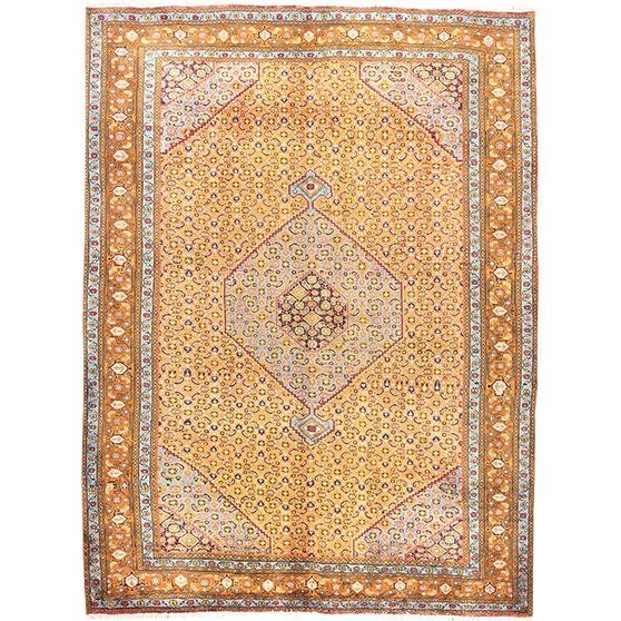 Ardabil Persian Rug 9'0" x 6'7" - Semi Antique Medallion Turquoise, White Hand Knotted | front view | SKU 111177