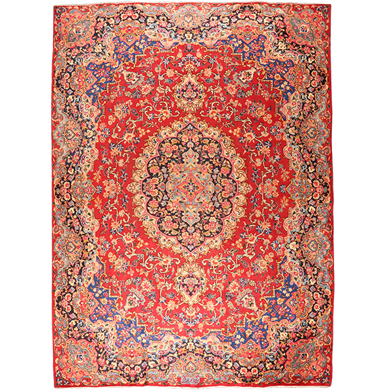 Kerman Persian Rug 10'9" x 7'12" - Semi Antique Medallion Crimson, Beige Hand Knotted | front view | SKU 111181