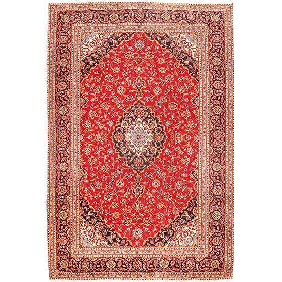 Kashan Persian Rug 9x6 ft - Semi Antique Medallion Crimson, Navy Blue Hand Knotted | front view | SKU 111182