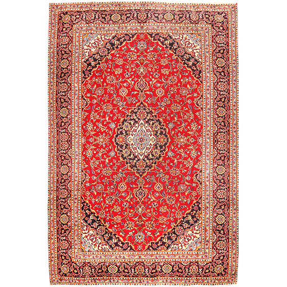 Kashan Persian Rug 9'11" x 6'7" - Semi Antique Medallion Crimson, Navy Blue Hand Knotted | front view | SKU 111182