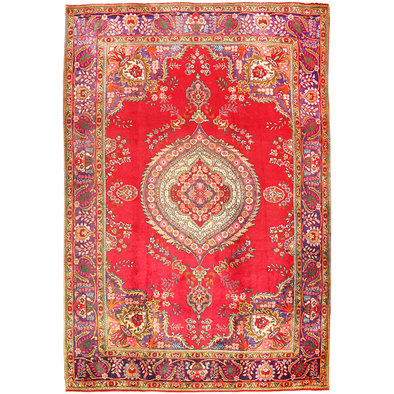 Tabriz Persian Rug 10'0" x 6'7" - Semi Antique Medallion Red, Cream Hand Knotted | front view | SKU 111183