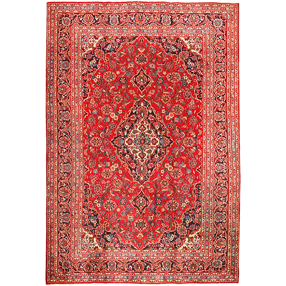Mashad Persian Rug 9x6 ft - Semi Antique Medallion Crimson, Ultramarine Hand Knotted | front view | SKU 111184