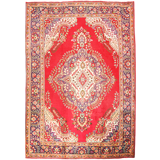 Tabriz Persian Rug 9'9" x 6'9" - Semi Antique Medallion Red, Cream Hand Knotted | front view | SKU 111185
